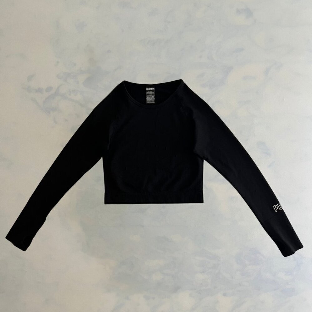 PINK Victoria's Secret Black Spandex Long Sleeve Workout Cropped Top